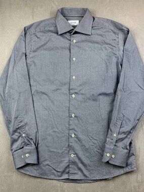 Eton Mens Dress Shirt 42 16.5 Slim Blue Button Up Long Sleeve Cotton Formal